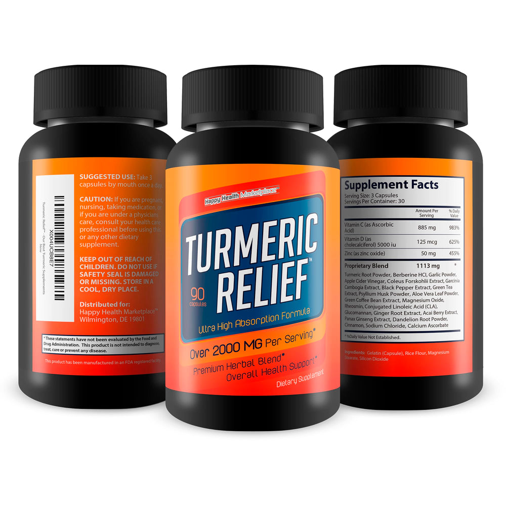 Happy Health Turmeric Relief label highlights key ingredients like pepper and ginger.
