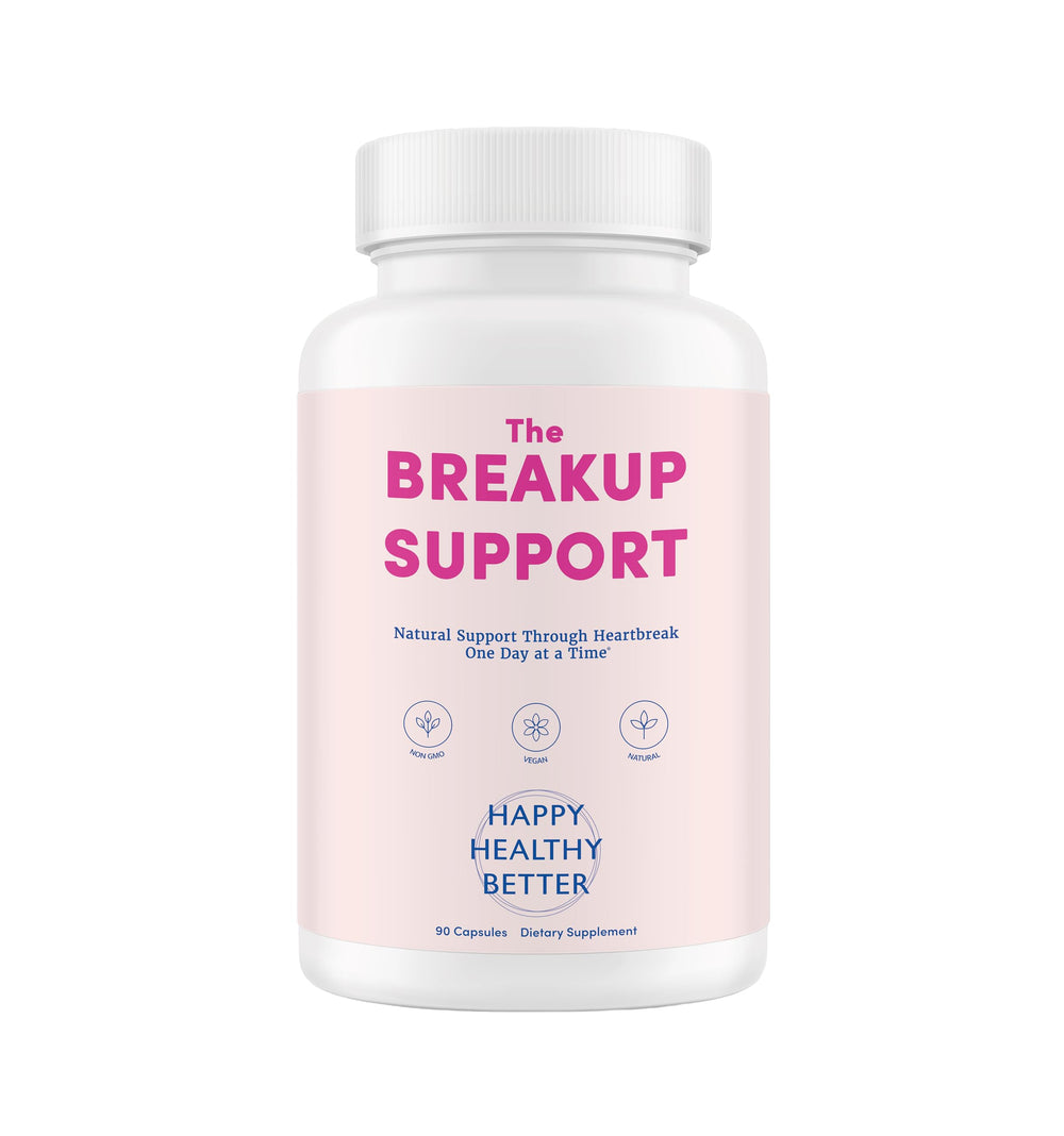 Happy Healthy Better Breakup Support bottle pour shows plant-based mood and stress support in action.