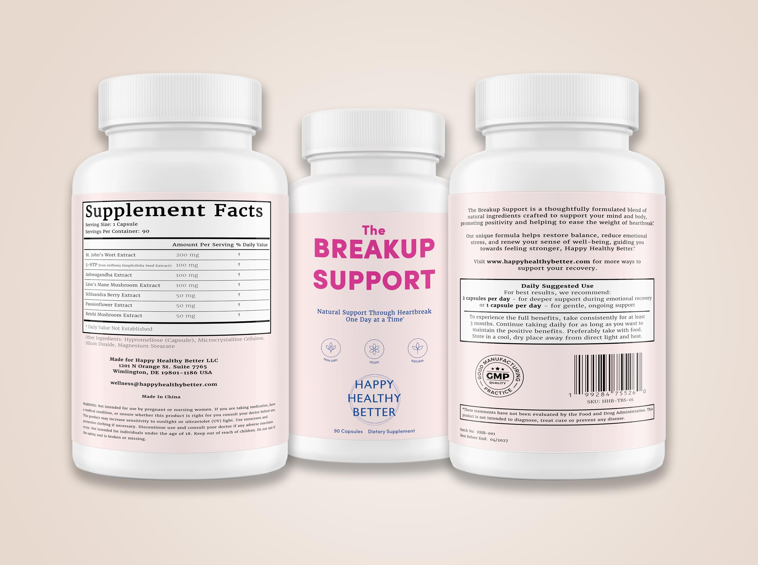 Happy Healthy Better Breakup Support capsules closeup highlights vegan wellness for daily calm.