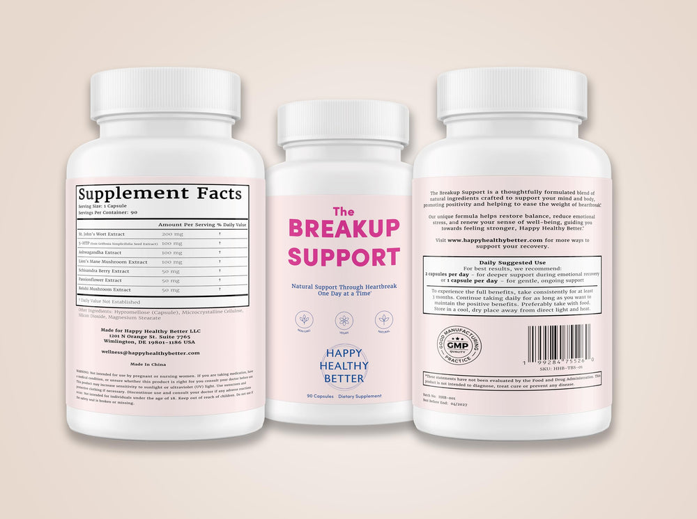 Happy Healthy Better Breakup Support capsules closeup highlights vegan wellness for daily calm.