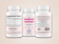 Happy Healthy Better Breakup Support capsules closeup highlights vegan wellness for daily calm.