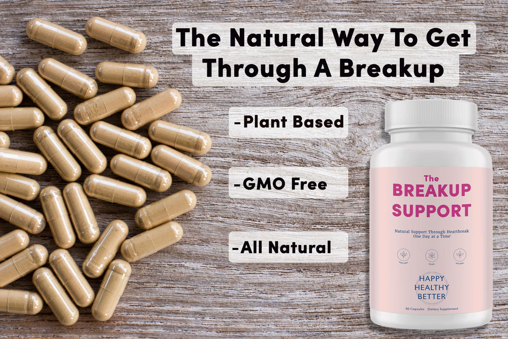Happy Healthy Better Breakup Support vegan capsules ready for daily use and focus.