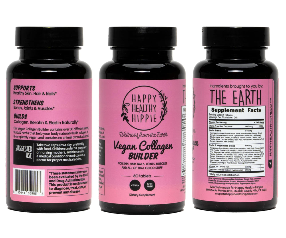 Happy Healthy Hippie non-GMO, vegetarian wellness capsules in a compact tub.