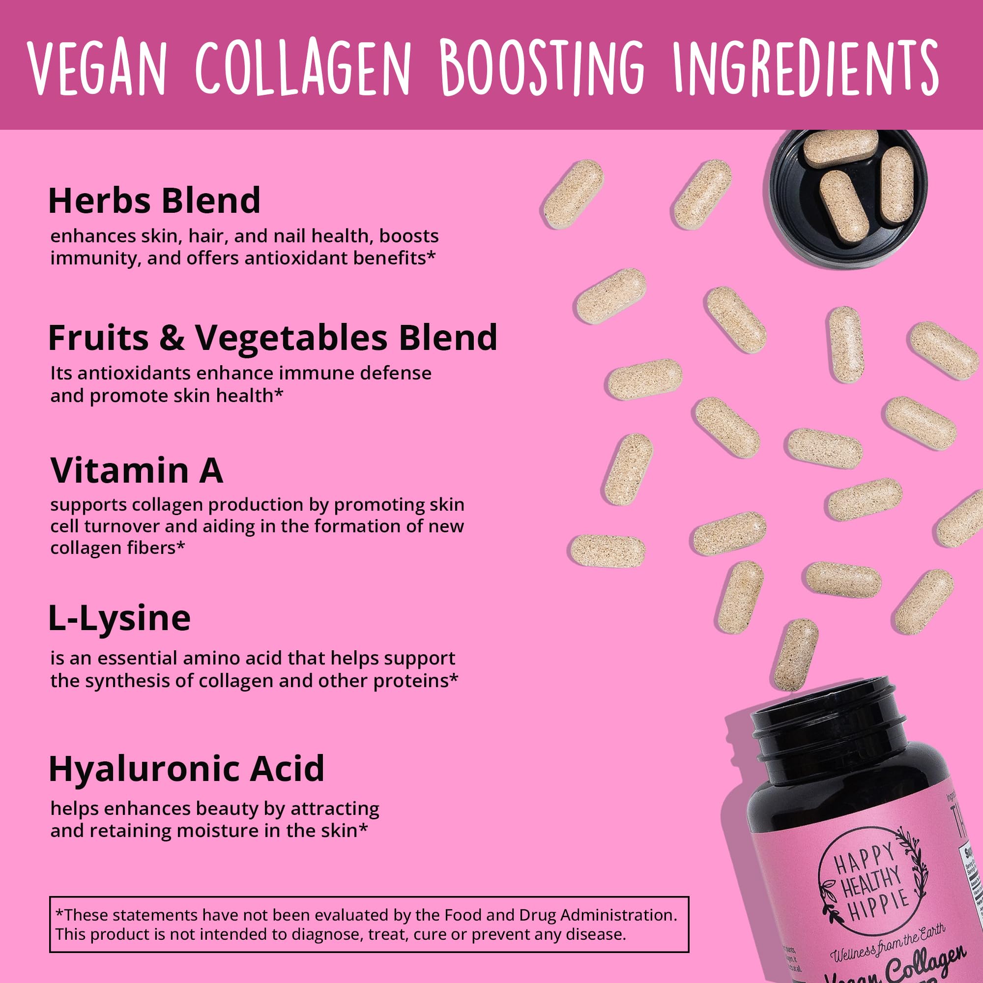 Happy Healthy Hippie plant-based collagen boosters join 35 herbs, fruits, and vitamins channeling vitality.