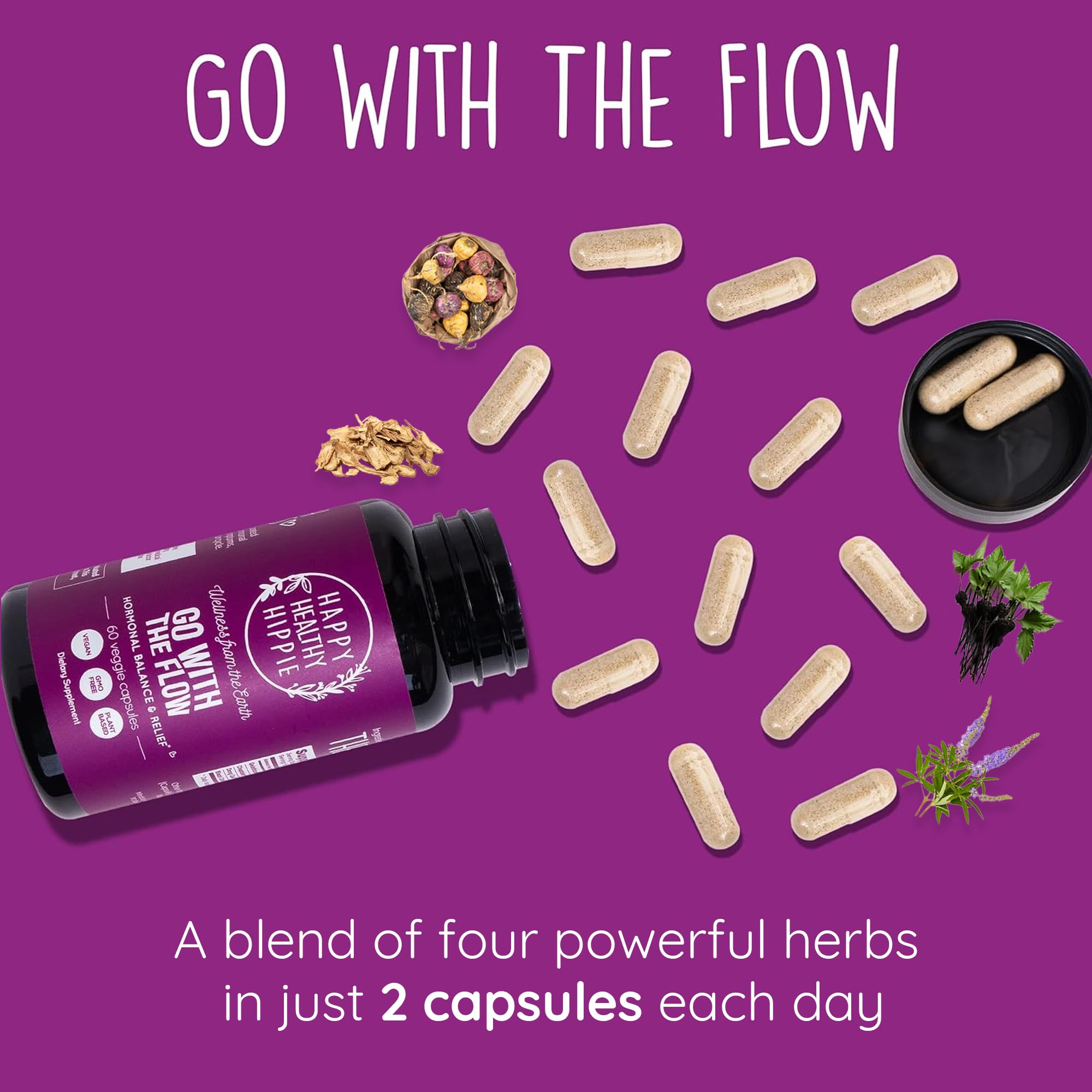 Black cohosh botanical shown for menstrual comfort in the blend.
