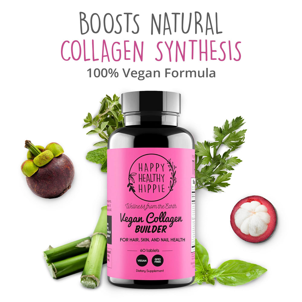 Happy Healthy Hippie capsules on hand illustrate easy daily intake for hair, skin, nails.