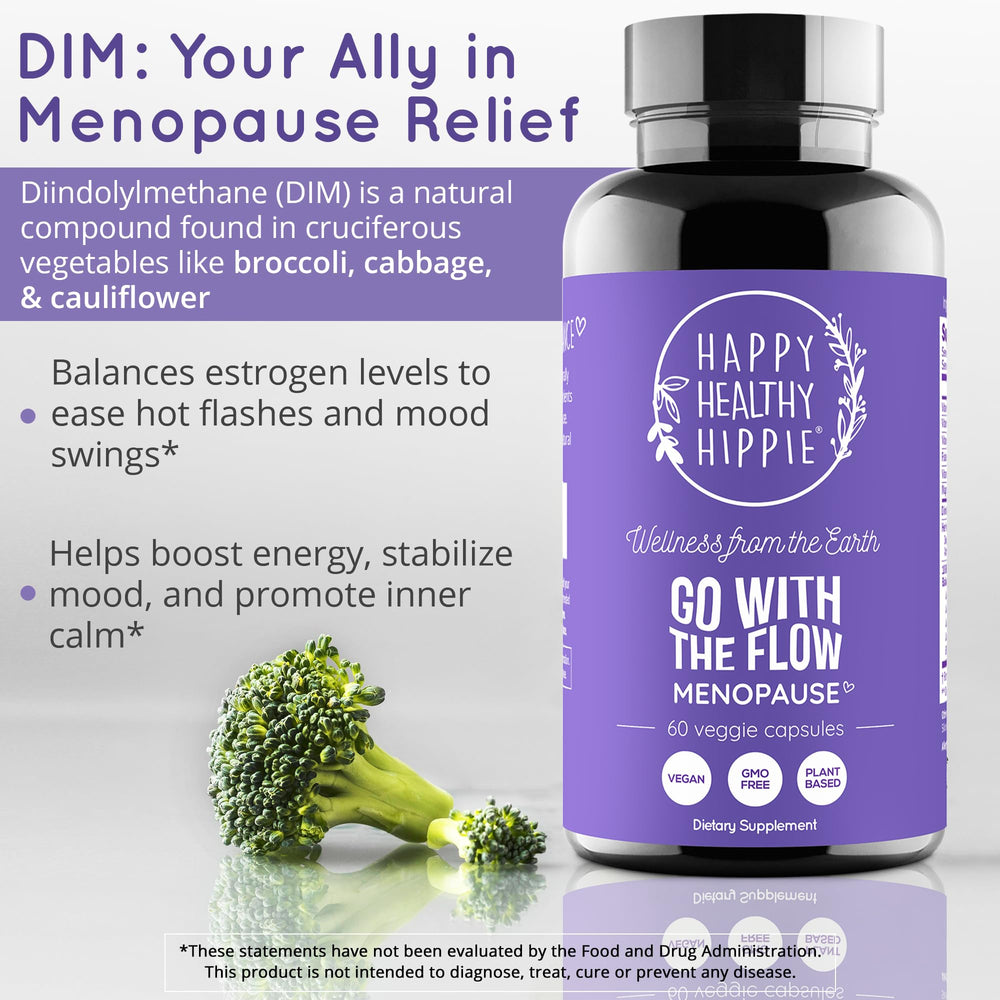 Happy Healthy Hippie Dong Quai Root bottle highlights natural menopause support.