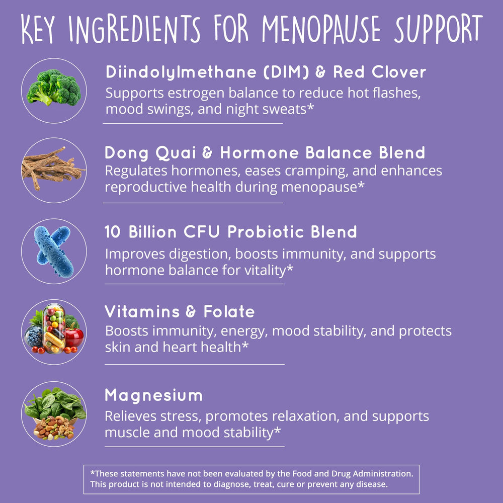 Happy Healthy Hippie Meno Balance probiotic supports gut health and hormone metabolism.