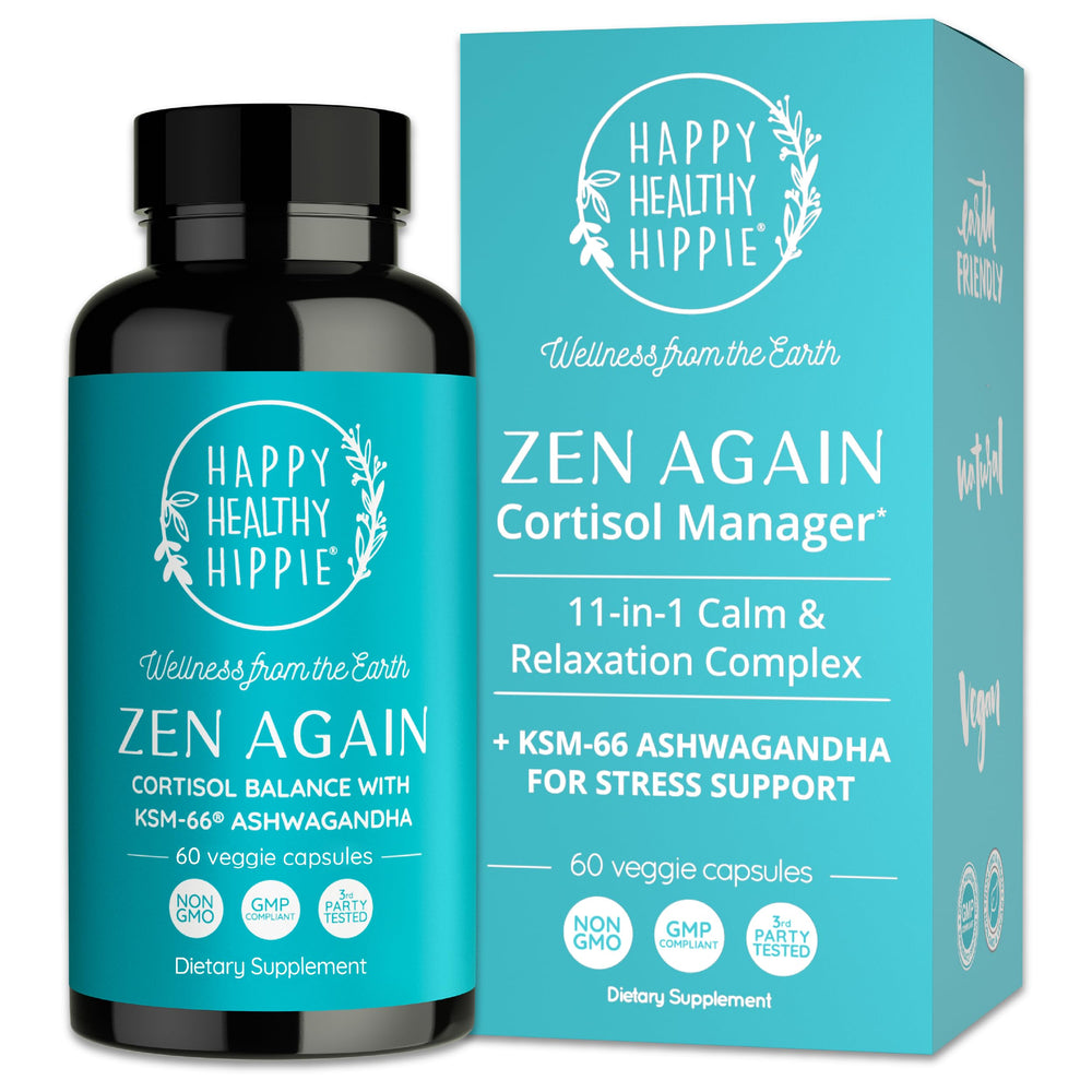 Happy Healthy Hippie Zen Again bottle front, for daily stress support.