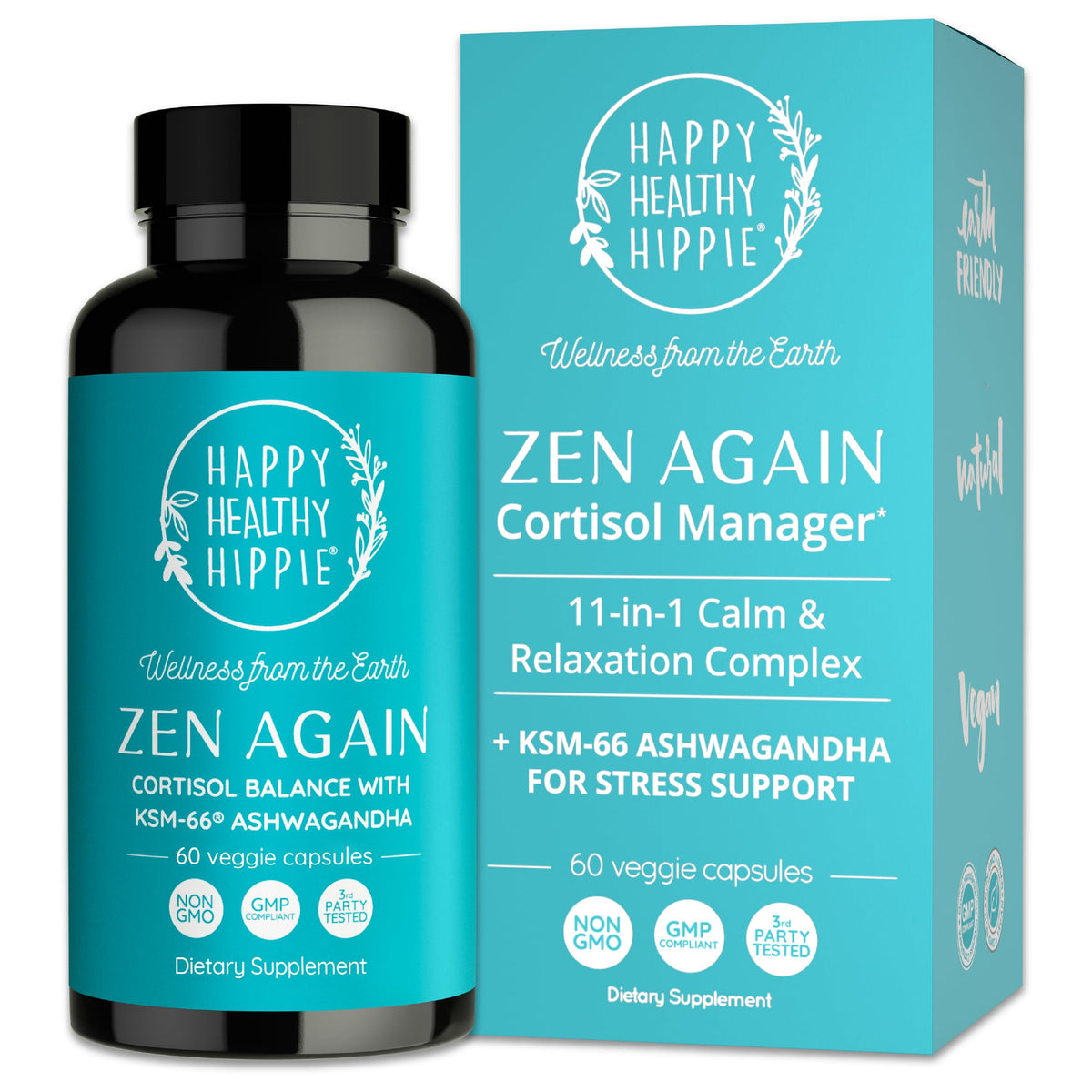 Happy Healthy Hippie Zen Again bottle front, for daily stress support.