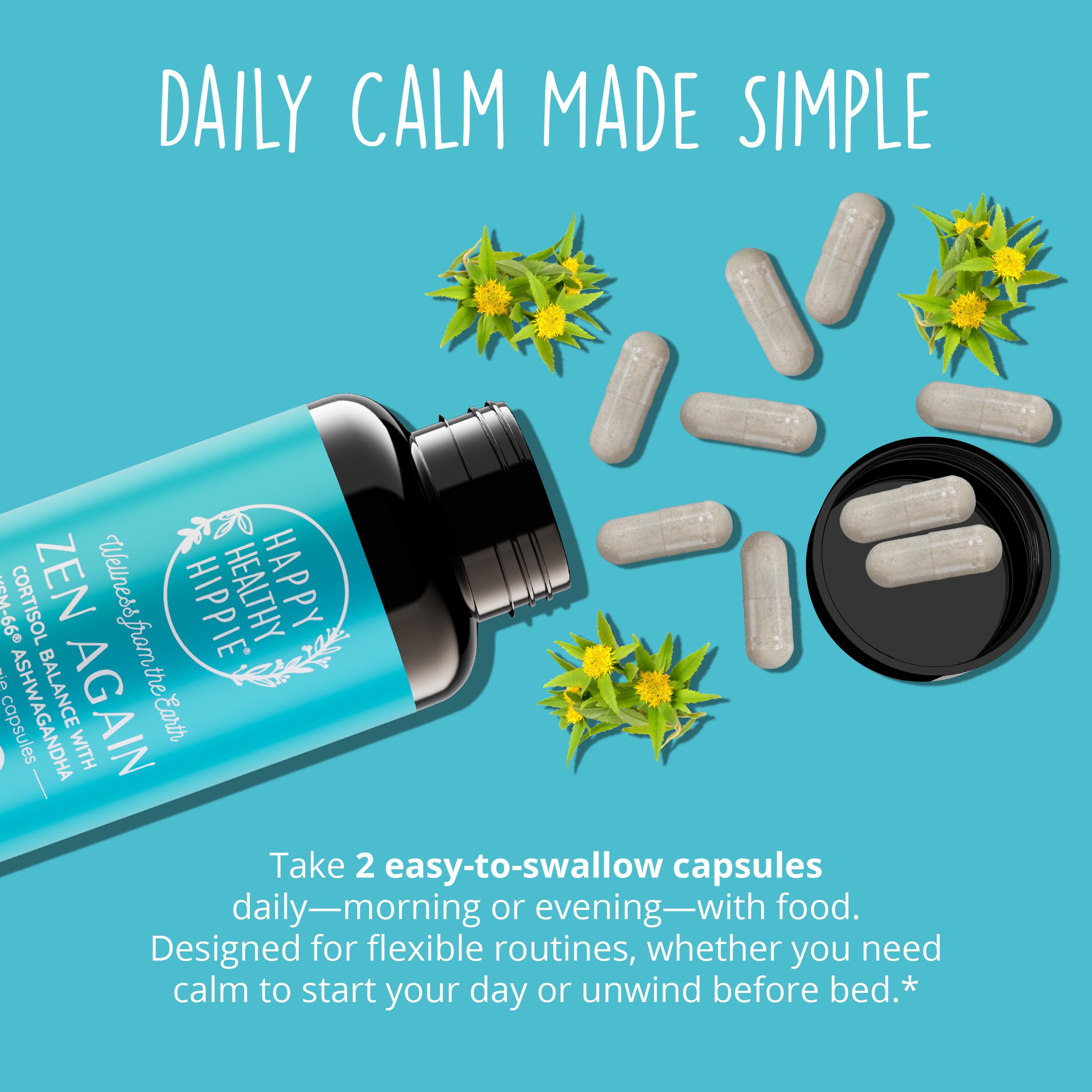 Zen Again vegan capsules displayed for daily use.