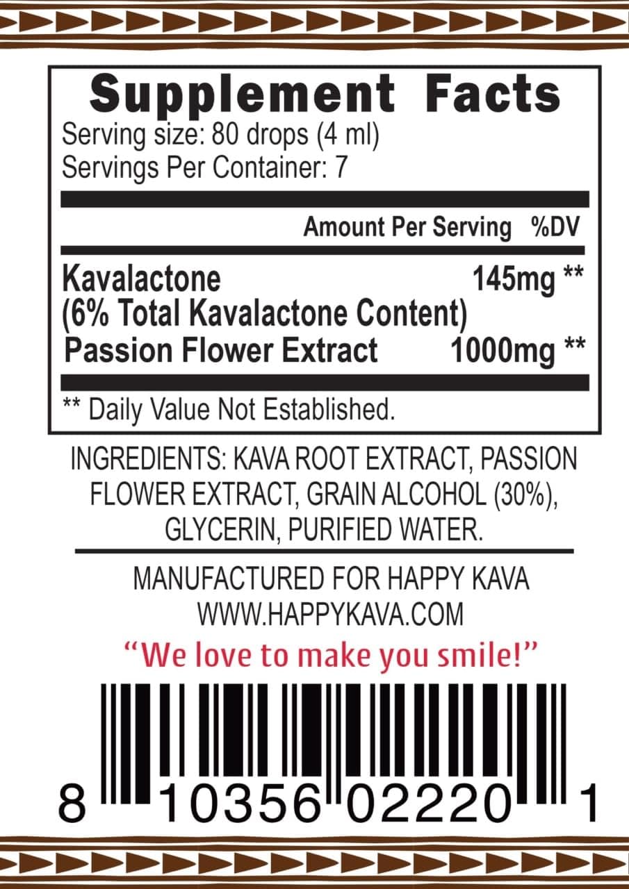 Close-up of Happy Kava Passion Flower tincture label highlighting noble kava root for calm evenings.