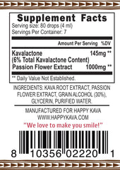 Close-up of Happy Kava Passion Flower tincture label highlighting noble kava root for calm evenings.