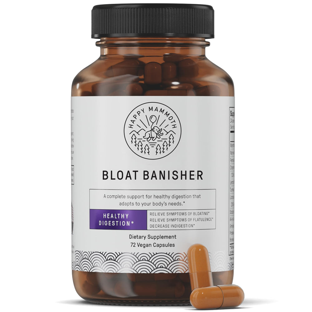 Happy Mammoth Bloat Banisher bottle with on-the-go relief after meals