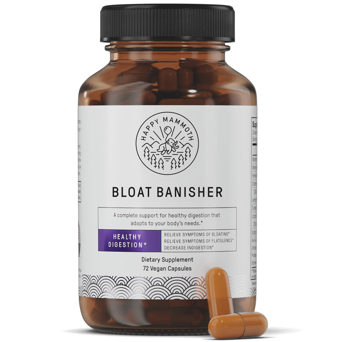 Happy Mammoth Bloat Banisher bottle with on-the-go relief after meals