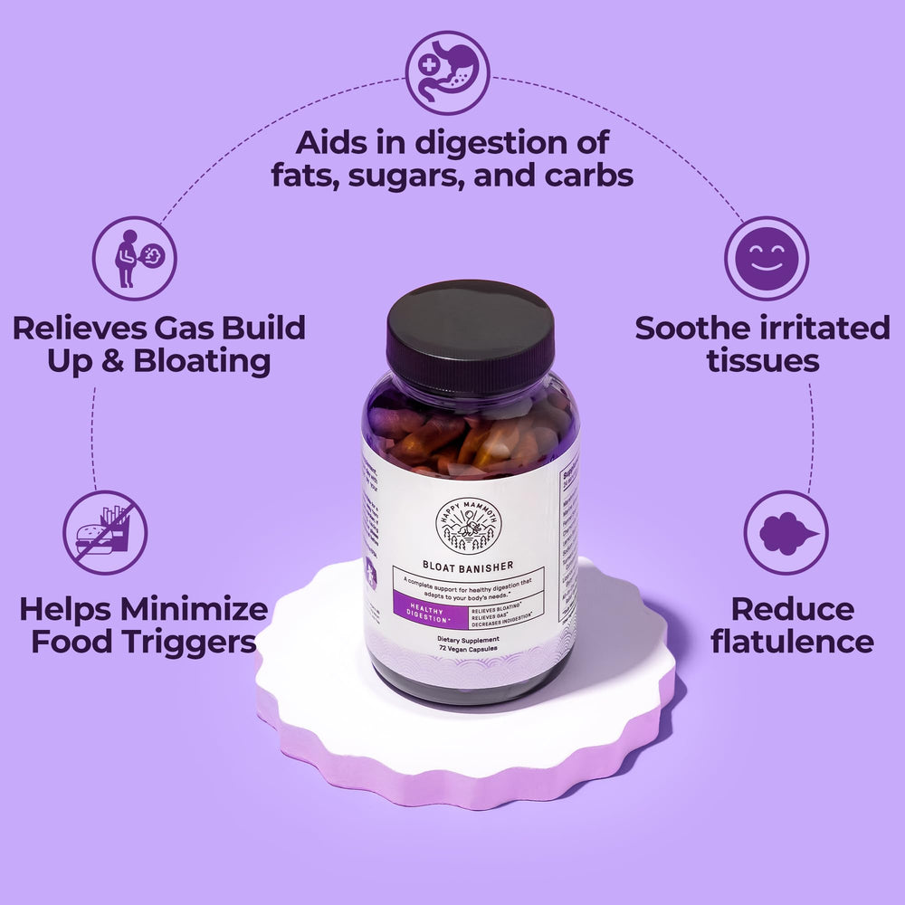 Happy Mammoth Bloat Banisher capsules for natural enzyme support