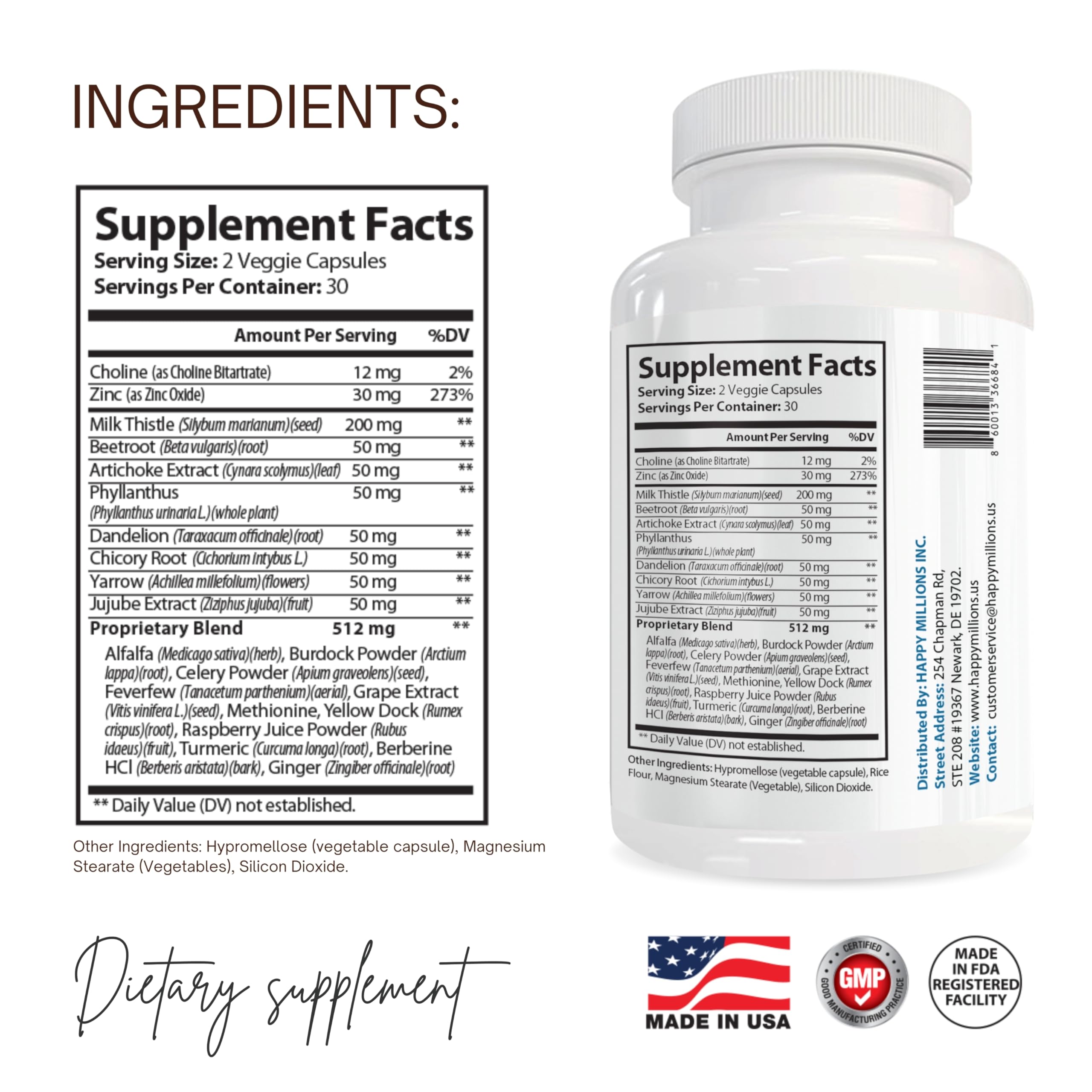Happy Millions zinc and choline detail emphasizes essential nutrients.