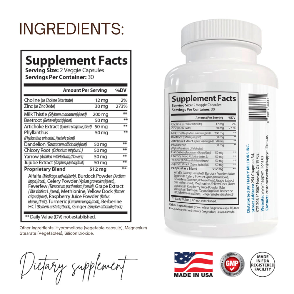 Happy Millions zinc and choline detail emphasizes essential nutrients.