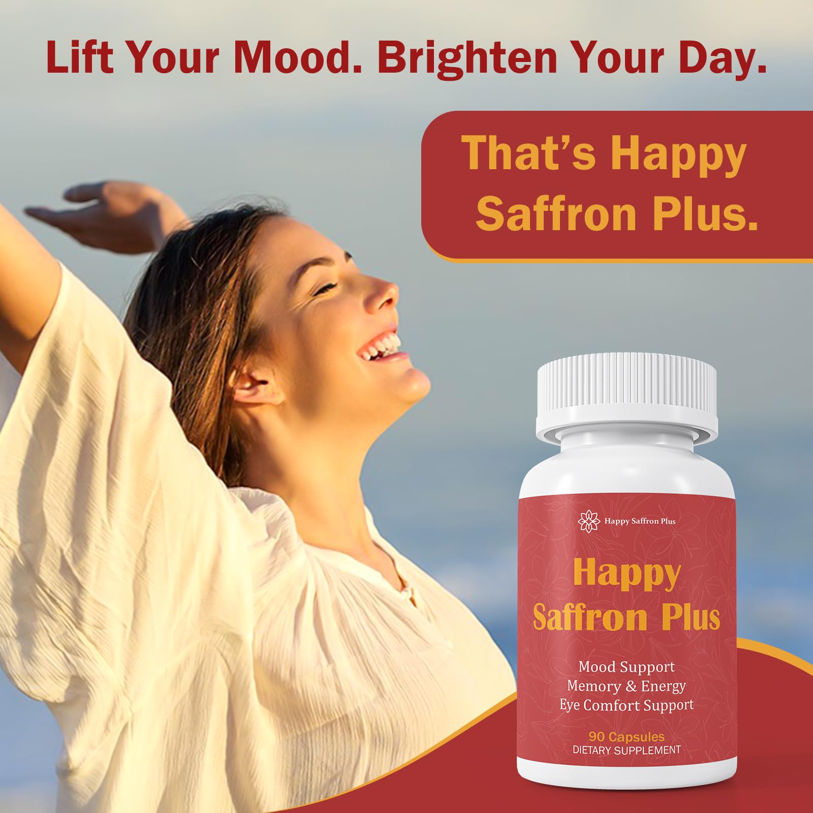 Happy Saffron Plus glass of water with capsules, convenient daily use.