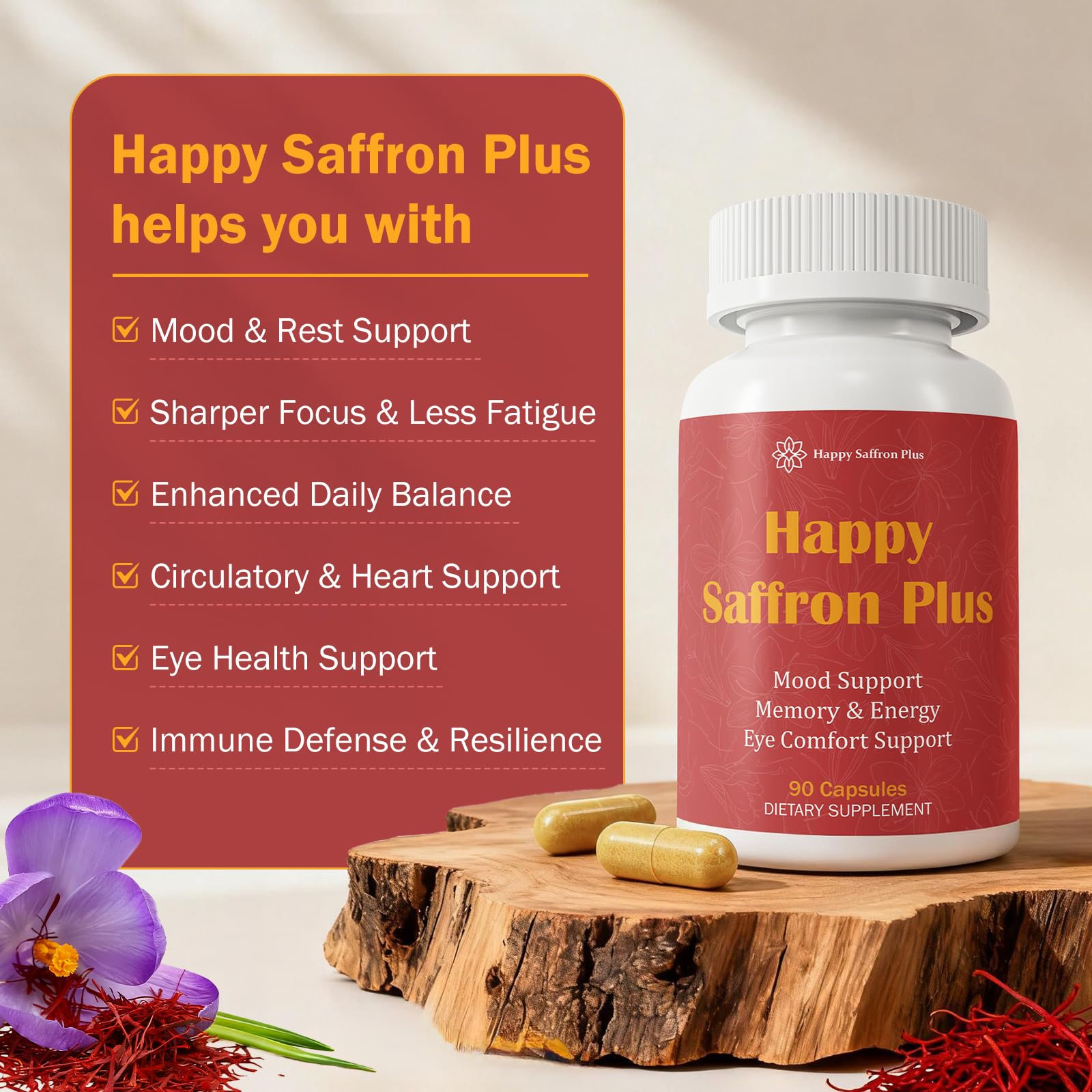 Happy Saffron Plus label front, vegan and gluten-free promise for daily use.