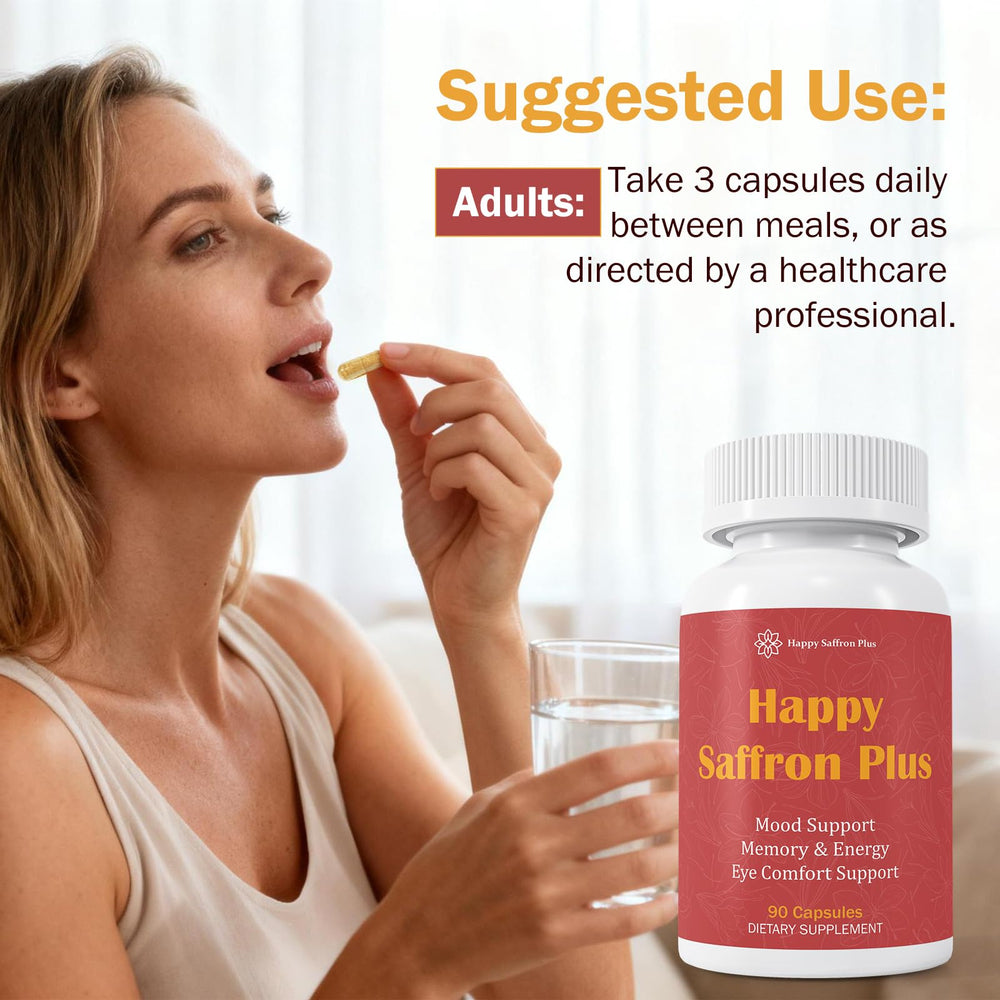 Happy Saffron Plus pour image showing smooth capsule intake with water.