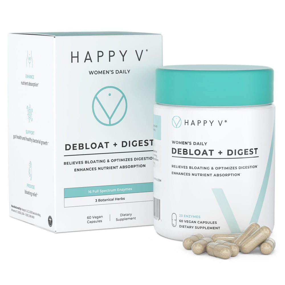 Happy V Debloat + Digest bottle front shows daily digestive support for women.
