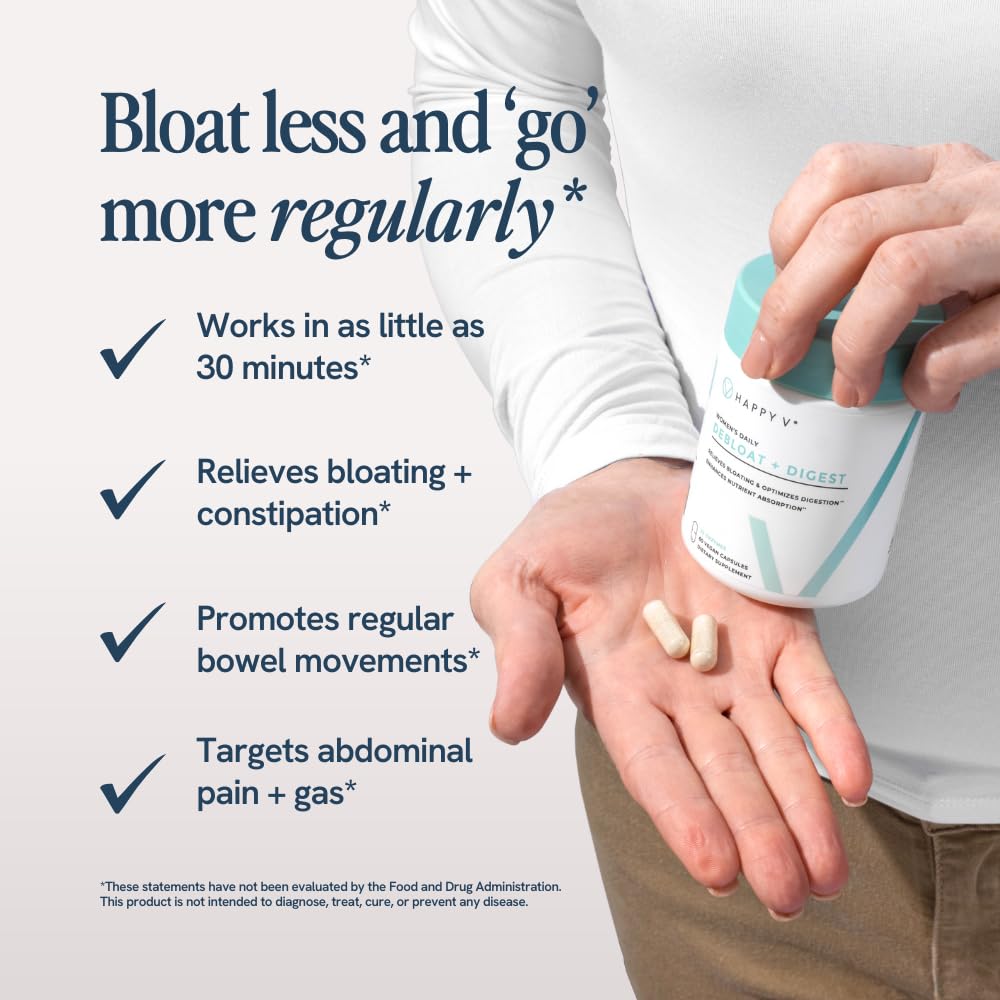 Happy V Debloat + Digest capsules closeup highlights enzyme blend aiding macro digestion.