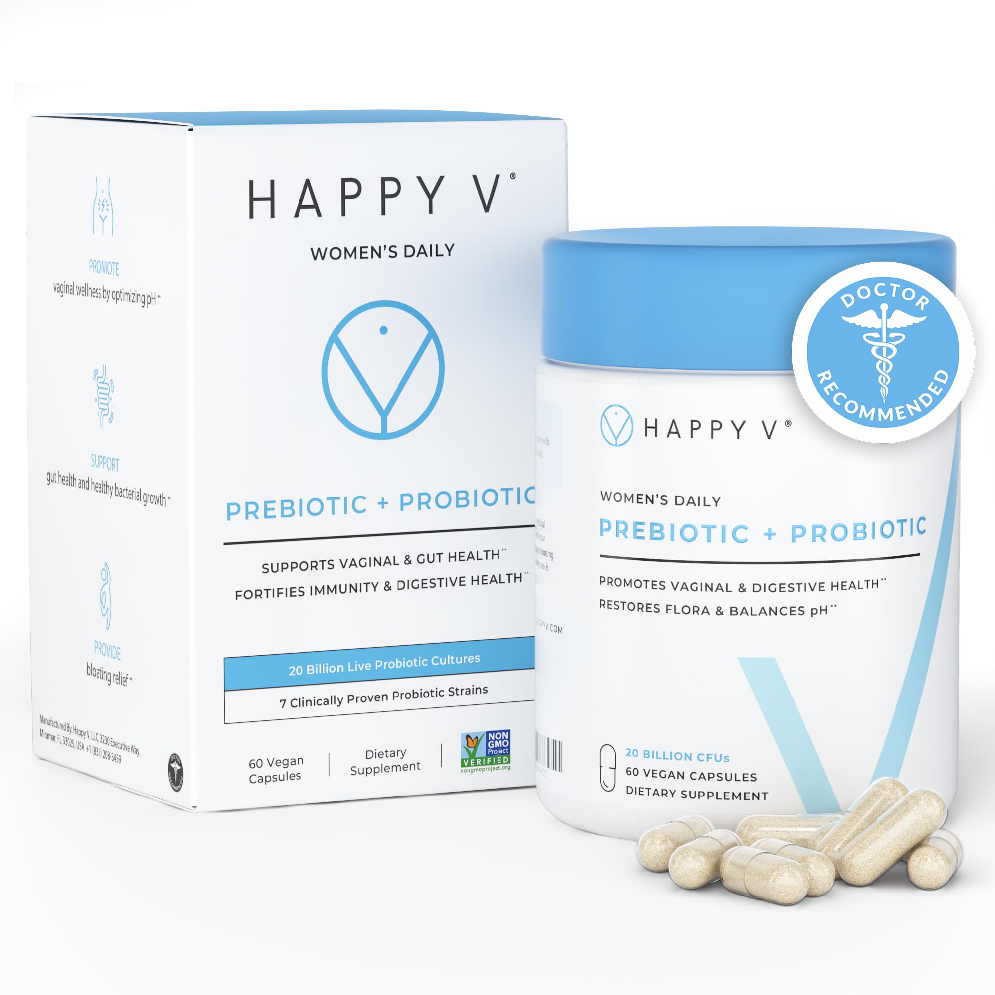 Happy V vaginal probiotics bottle highlights daily feminine wellness.