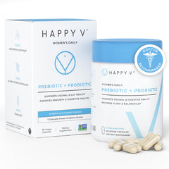 Happy V vaginal probiotics bottle highlights daily feminine wellness.