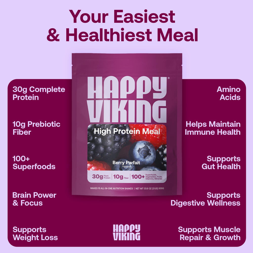 Happy Viking Berry Parfait ingredients spread with broccoli and carrots.
