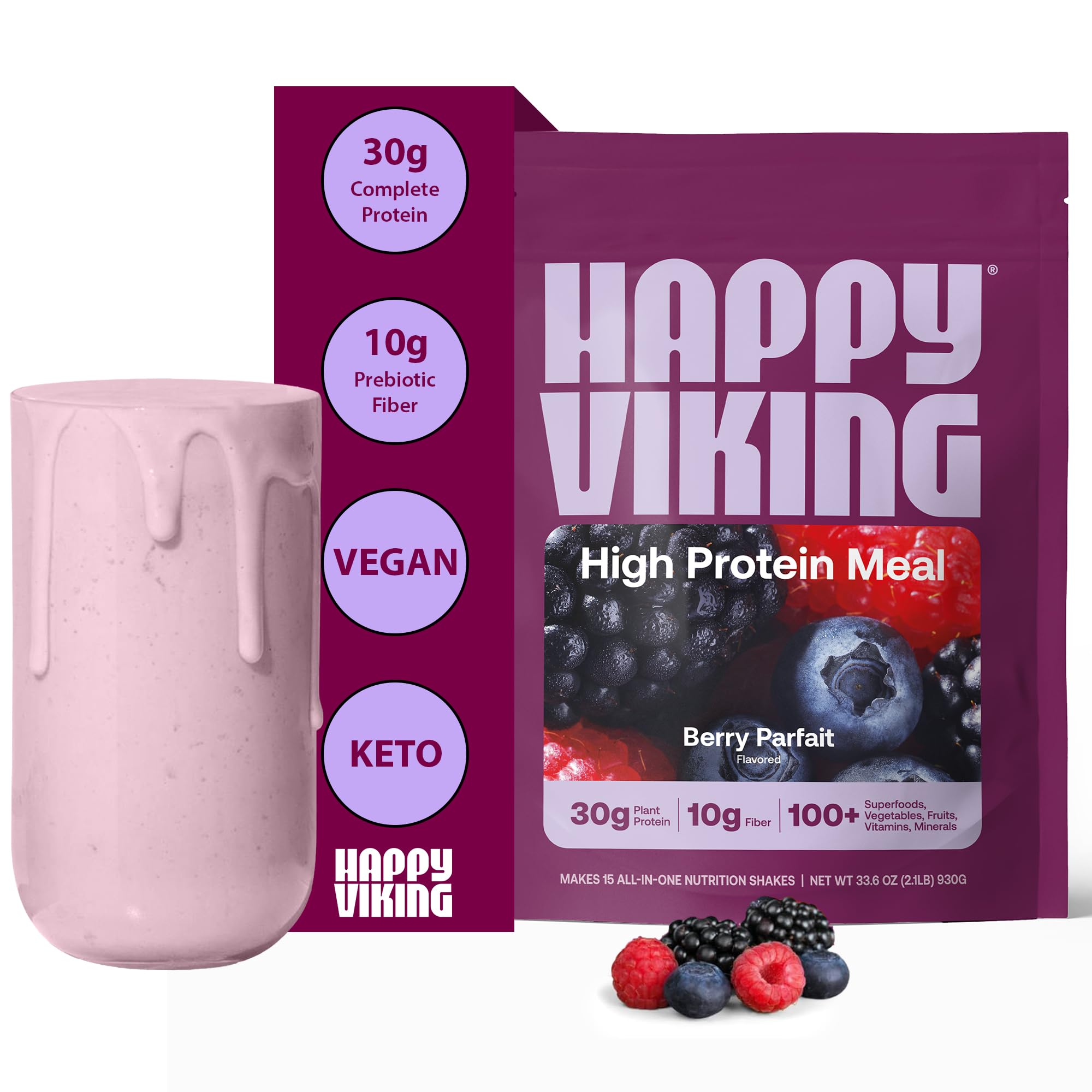 Happy Viking Berry Parfait tub showing plant-based protein for meals.