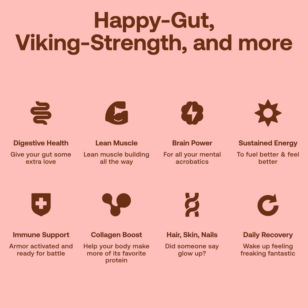 Happy Viking Chocolate Protein pouch close-up, resealable bag preserving freshness for daily use.