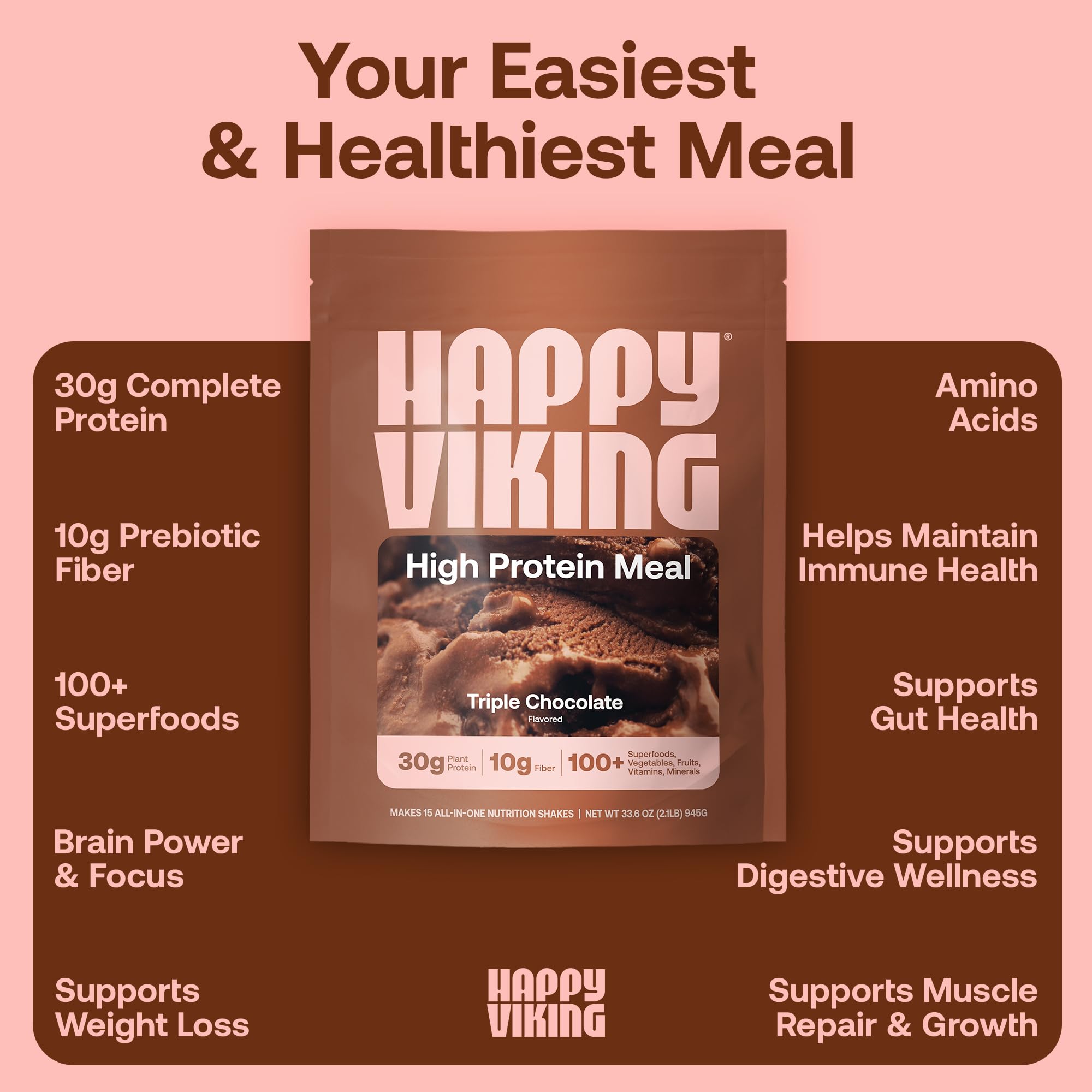 Happy Viking Superfoods ingredients list featuring broccoli and ancient grains for varied energy.