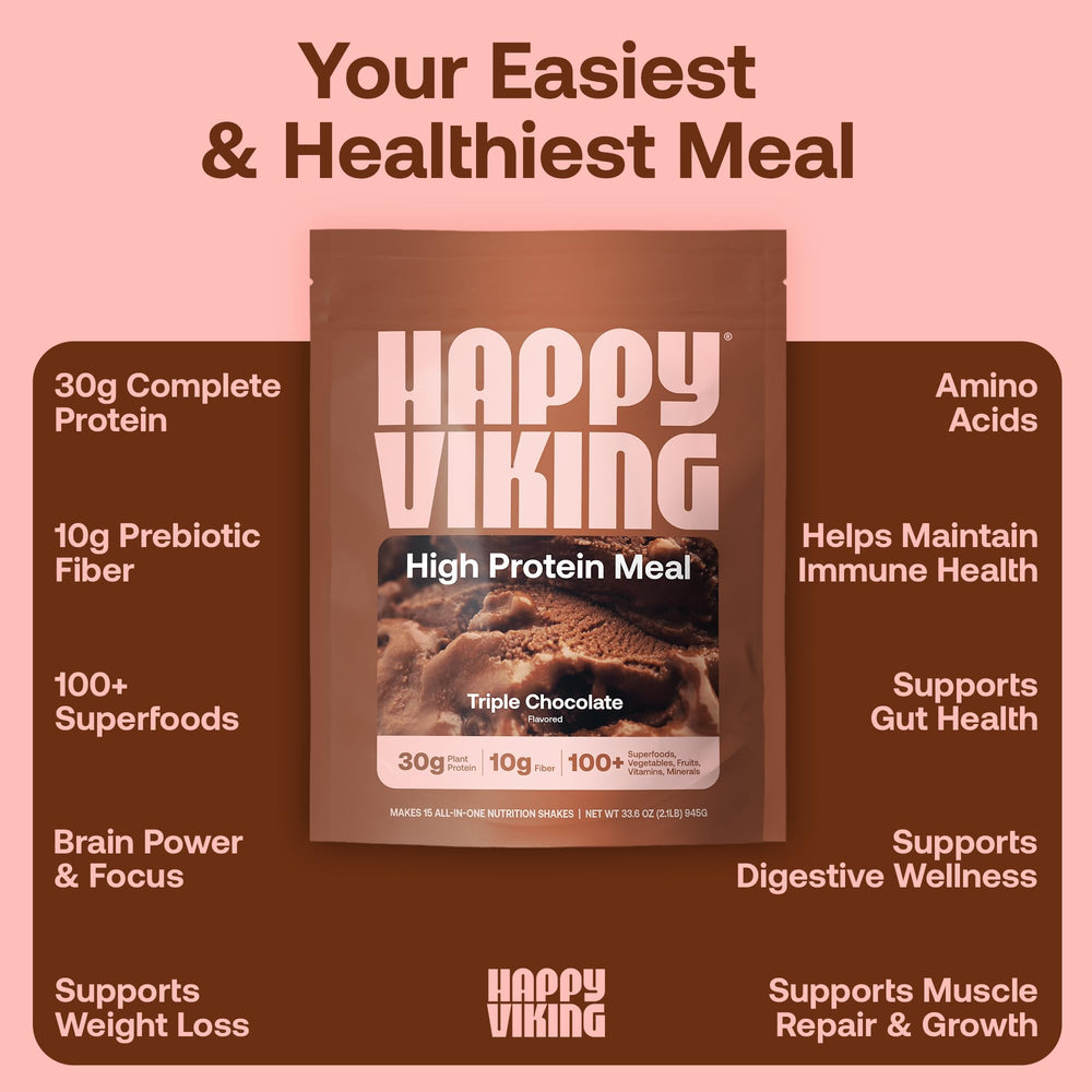 Happy Viking Superfoods ingredients list featuring broccoli and ancient grains for varied energy.