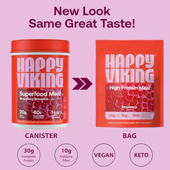 Happy Viking vegan, non-GMO badge emphasizes plant-based nutrition