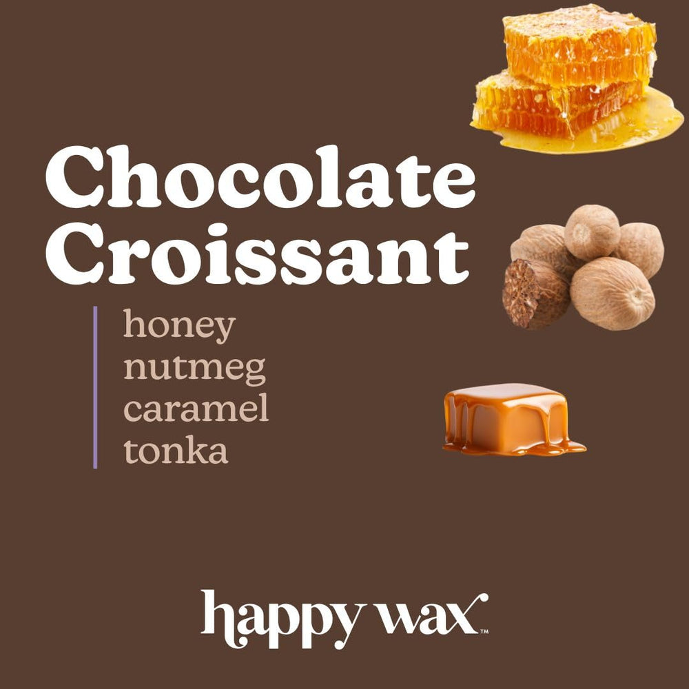 Happy Wax Chocolate Croissant candle closeup label highlighting premium essential oil infusion.