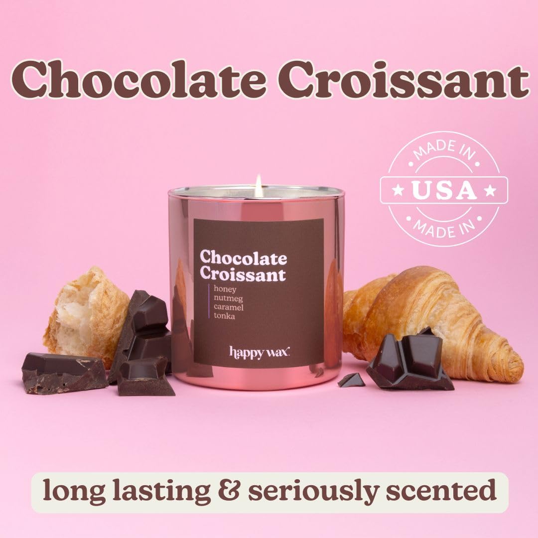 Happy Wax Chocolate Croissant candle lit with single wick offering long lasting ambiance.
