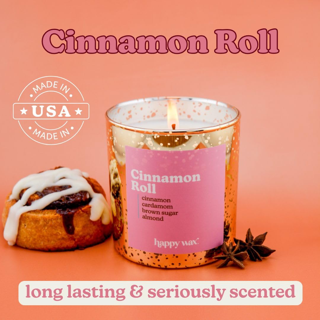 Happy Wax Cinnamon Roll candle in amber glass highlights premium décor
