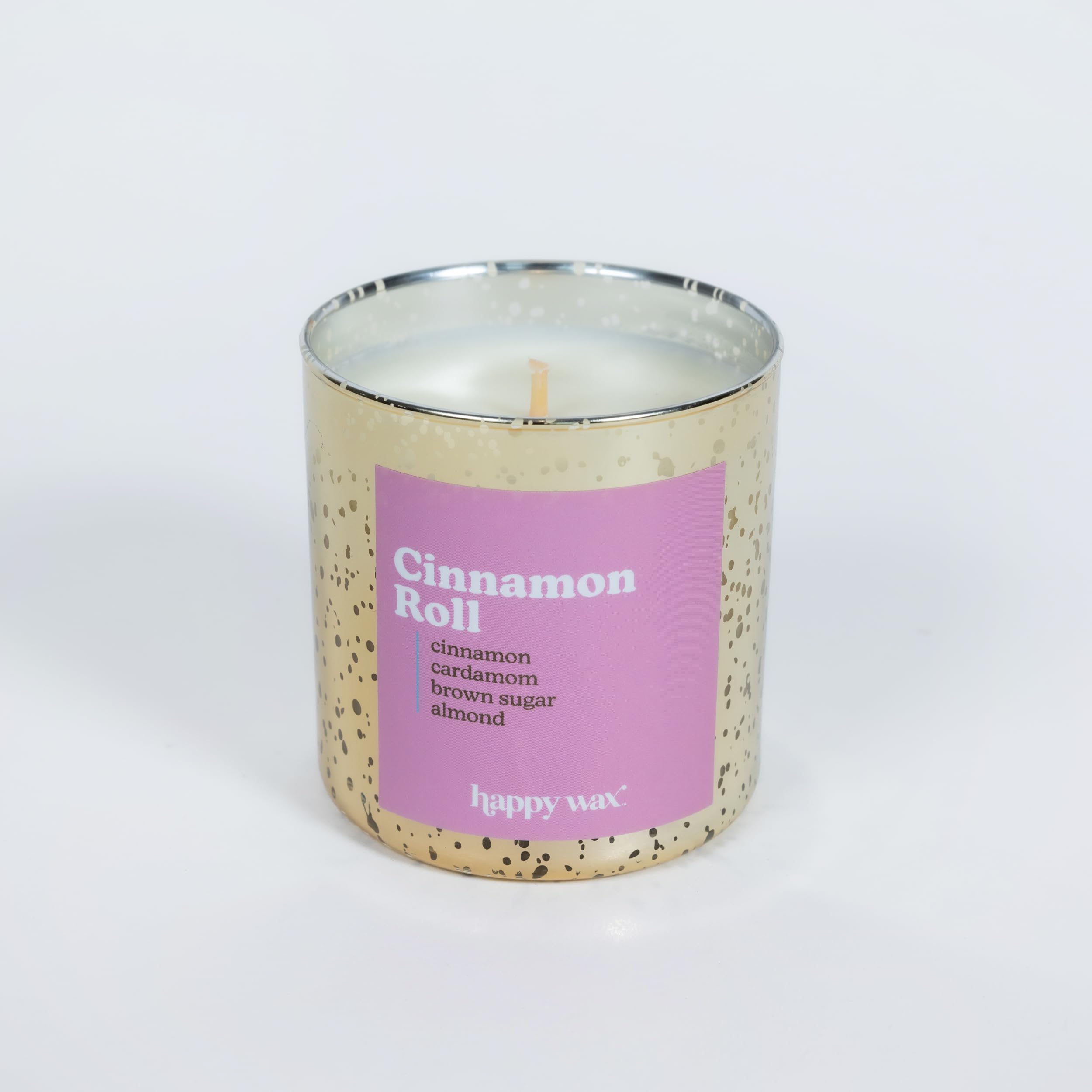 Happy Wax Cinnamon Roll candle jar front view highlighting inviting aroma