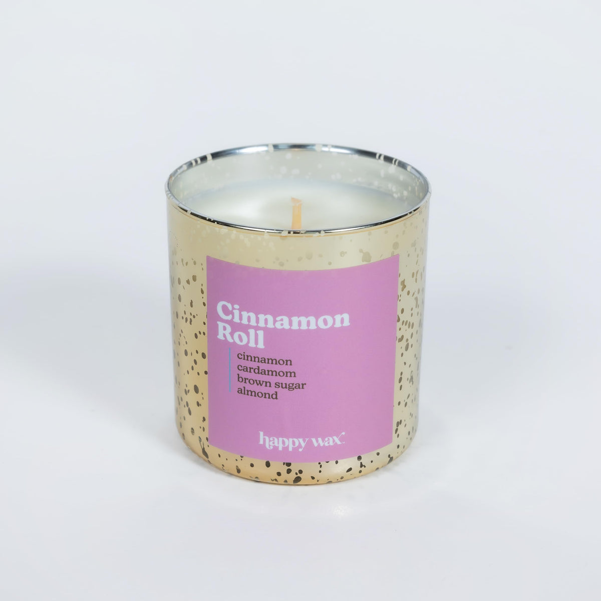 Happy Wax Cinnamon Roll candle jar front view highlighting inviting aroma