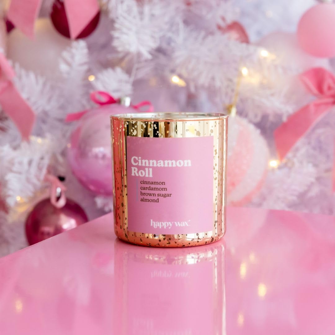 Happy Wax Cinnamon Roll candle releasing warm fragrance throughout room