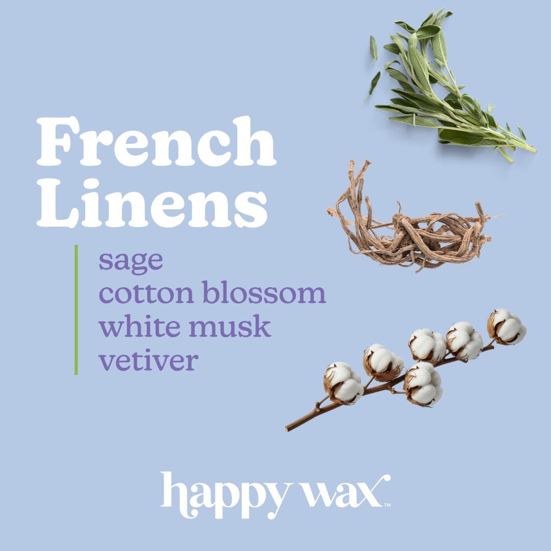 Happy Wax French Linens label closeup shows premium, essential-oil infused fragrance.