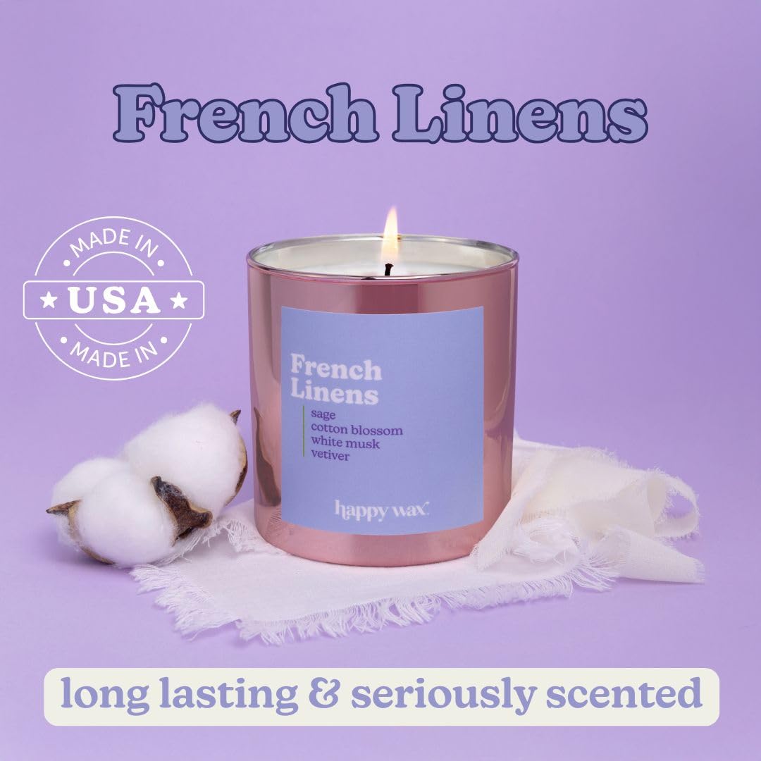 Happy Wax French Linens wax detail highlights natural soy base and clean burn.