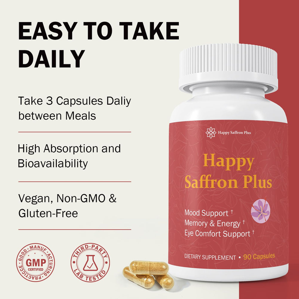 Happy Saffron Plus black pepper for absorption enhancing nutrient uptake.
