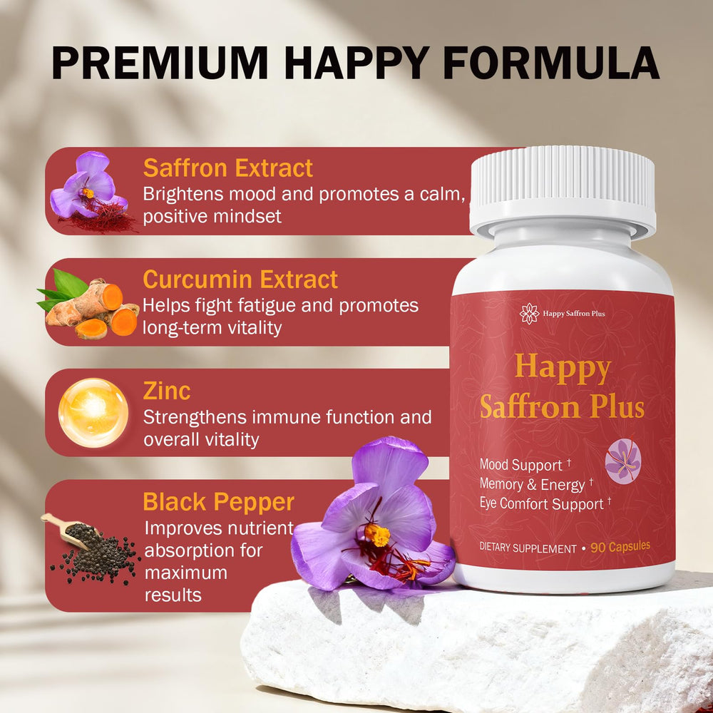 Happy Saffron Plus packaging back label, emphasizing vegan and gluten-free formula.