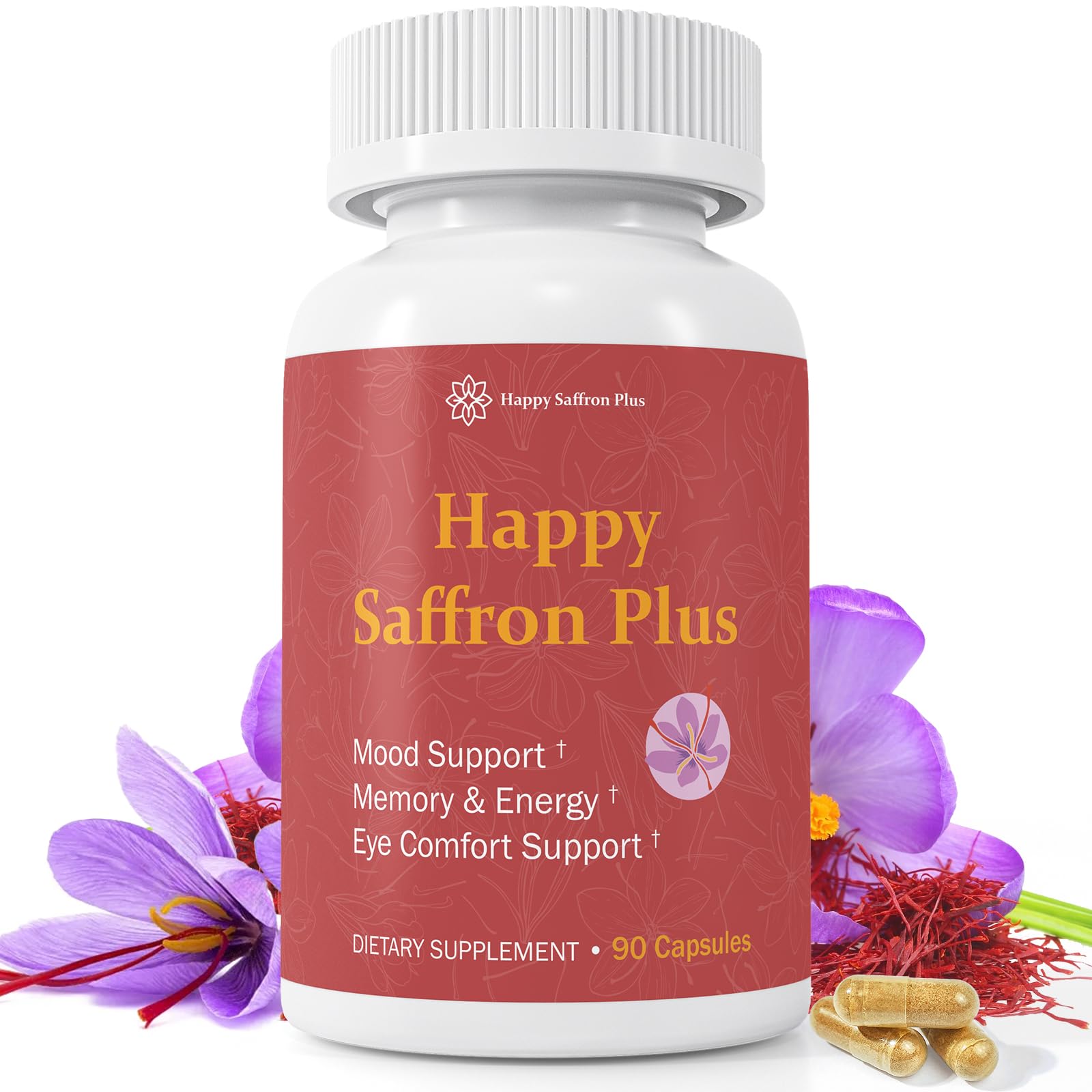 Happy Saffron Plus bottle with capsules pouring, suggesting mood and energy support.