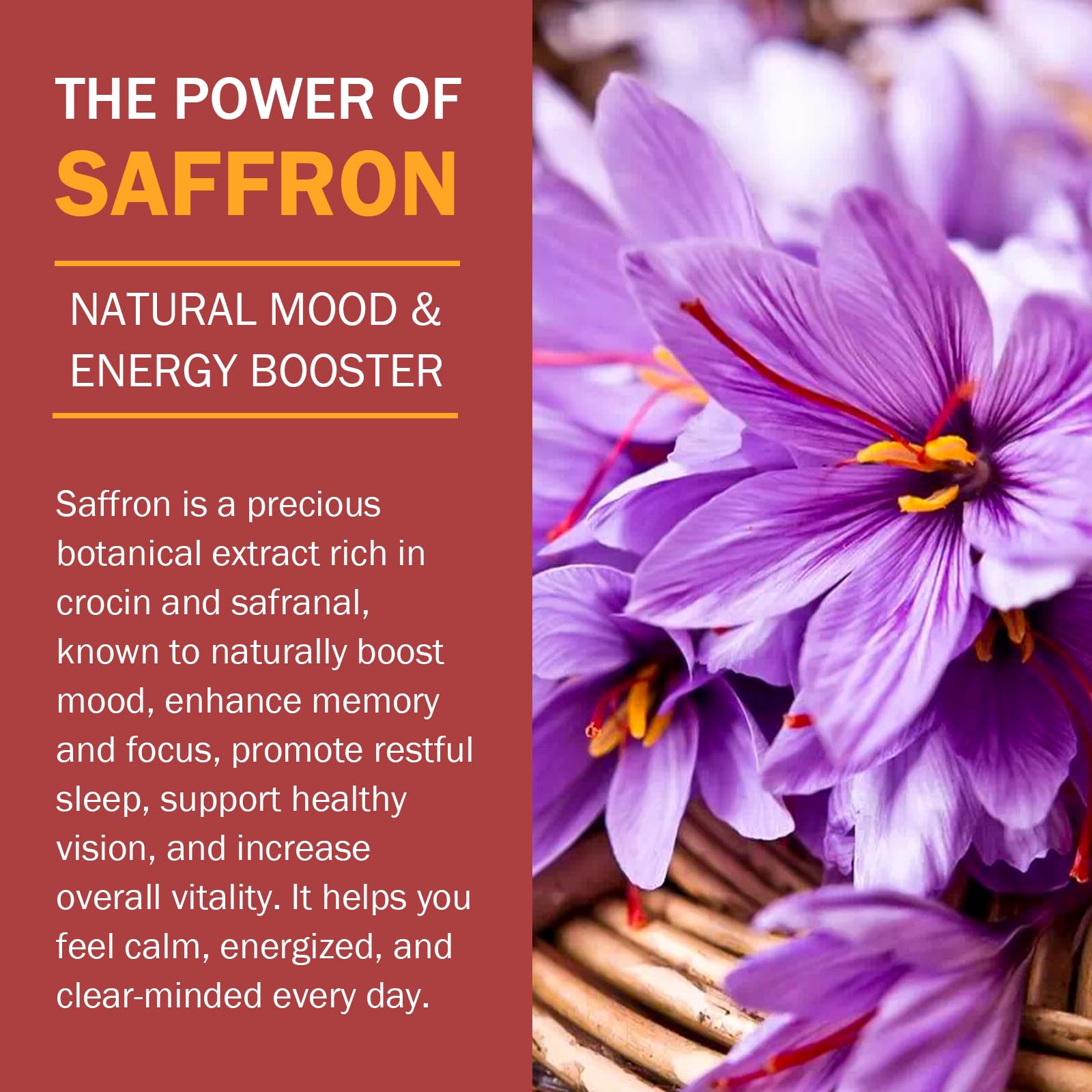 Happy Saffron Plus ingredients showing saffron and curcumin for wellness synergy.