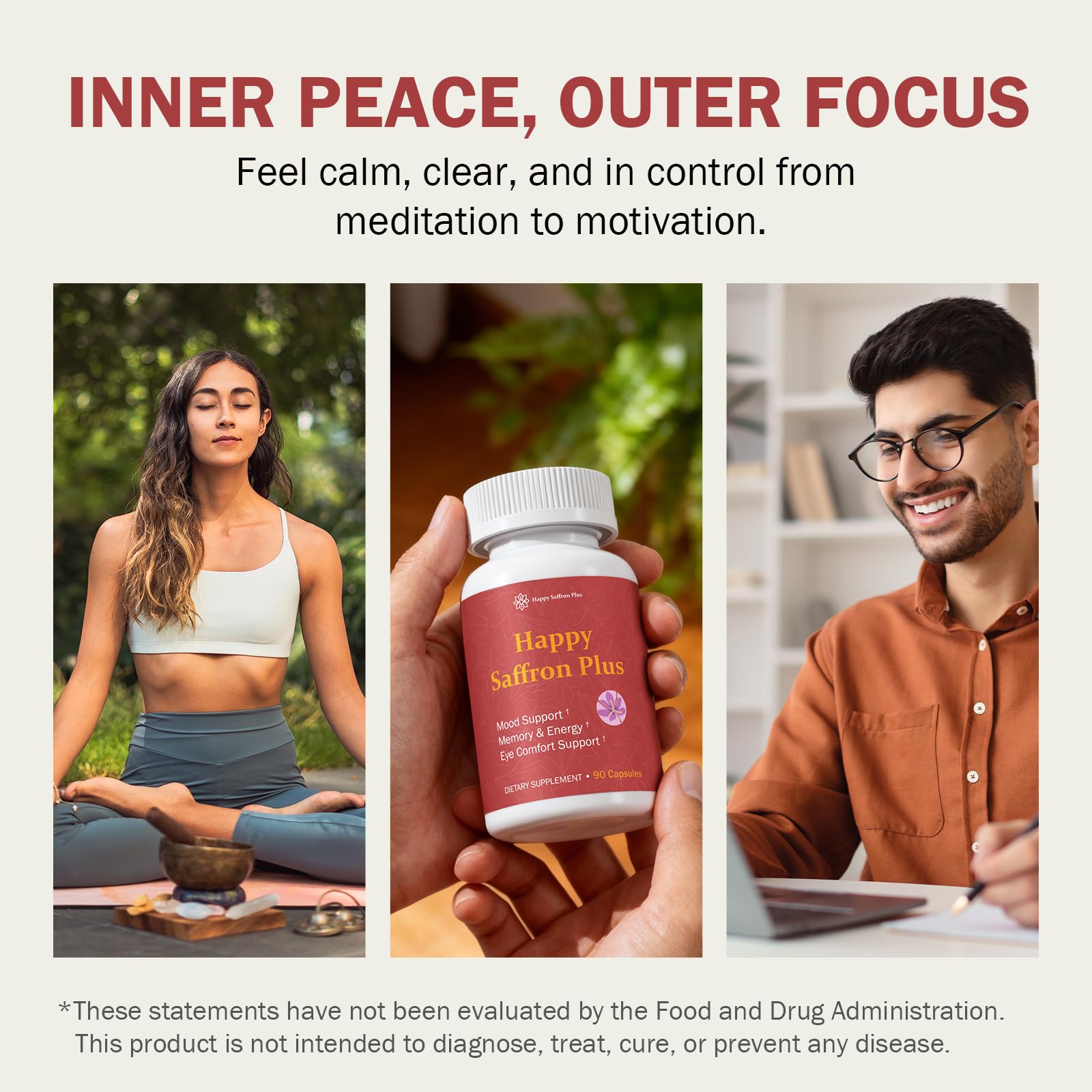 Happy Saffron Plus product packaging and label, clean vegan formula overview.