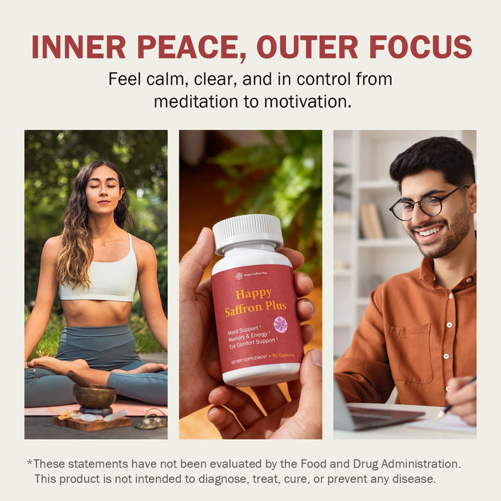 Happy Saffron Plus product packaging and label, clean vegan formula overview.