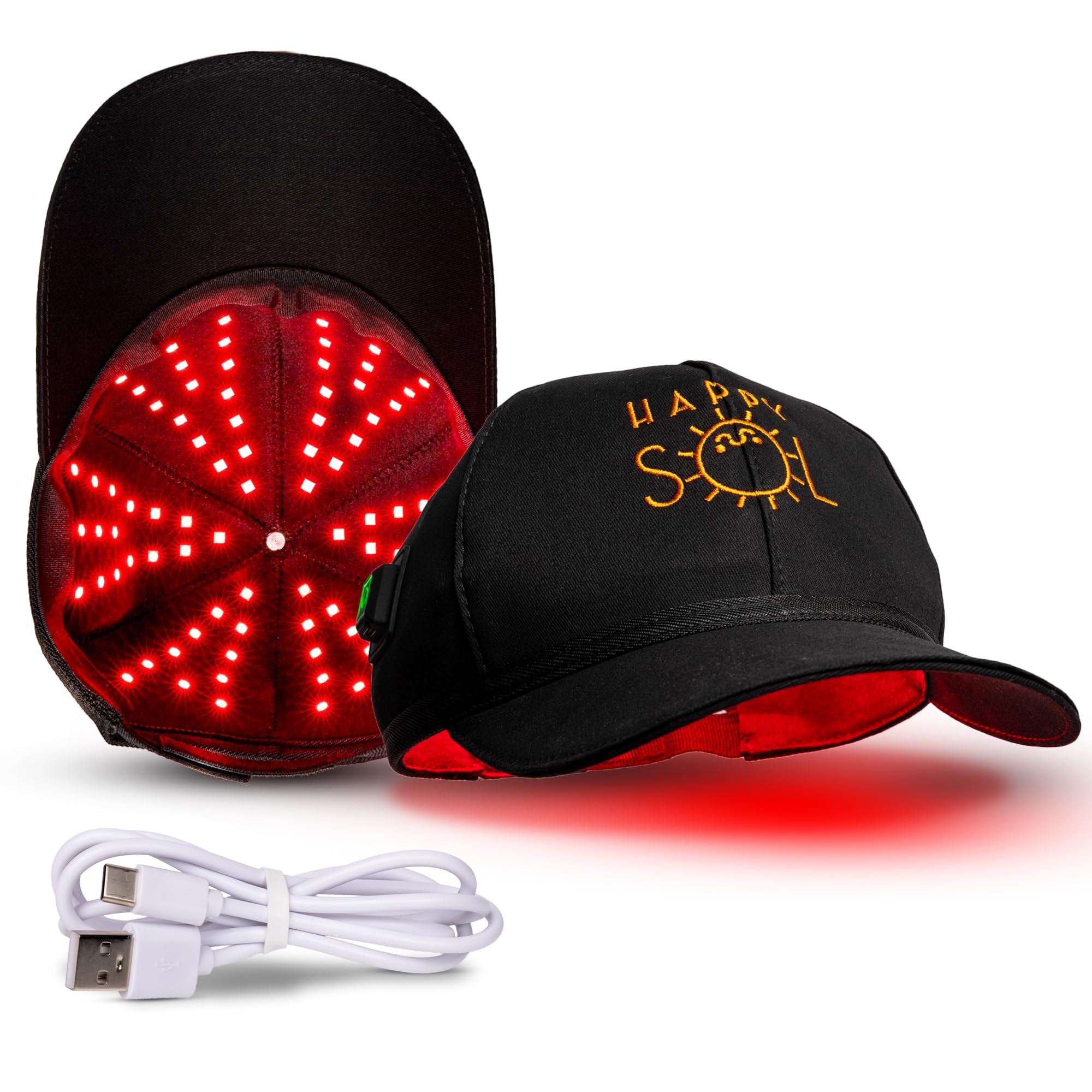 Happy Sol Red Light Cap with rechargeable battery enables cordless use anywhere.